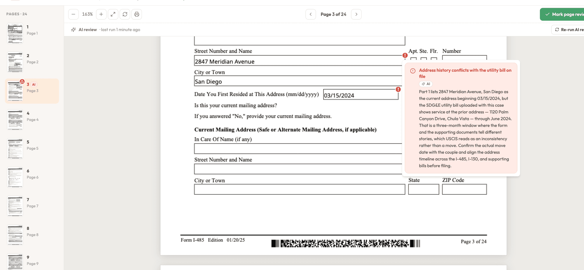 Lexfill's PDF review workbench showing page 3 of a filled Form I-485. The address fields carry red alert badges, and an AI review note titled 'Address history conflicts with the utility bill on file' is open beside them, explaining that the form's move-in date doesn't match the utility bill on file.