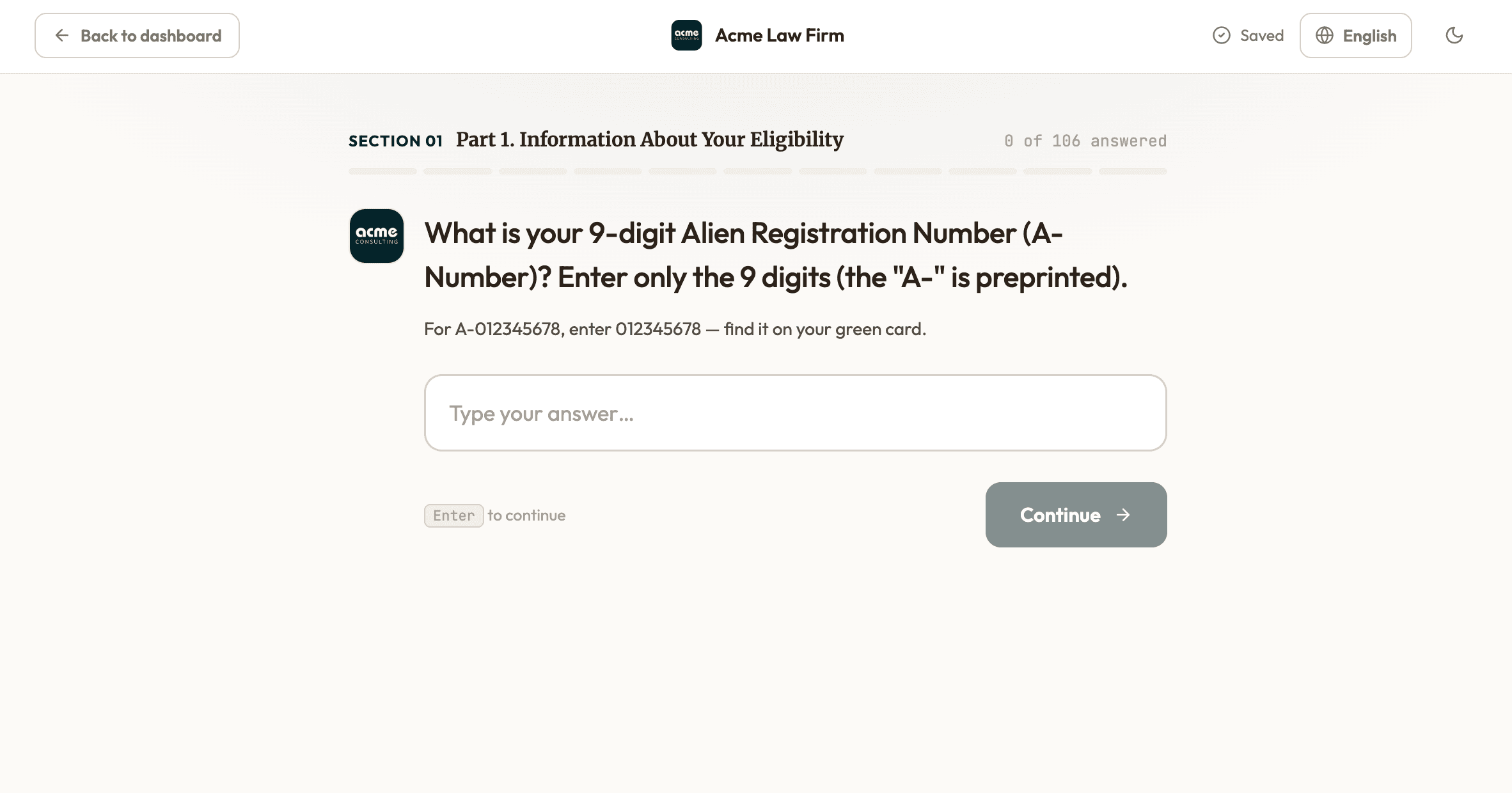 Lexfill client intake themed with a law firm's own branding — the firm's name and logo in the header, and the logo appearing beside the intake question