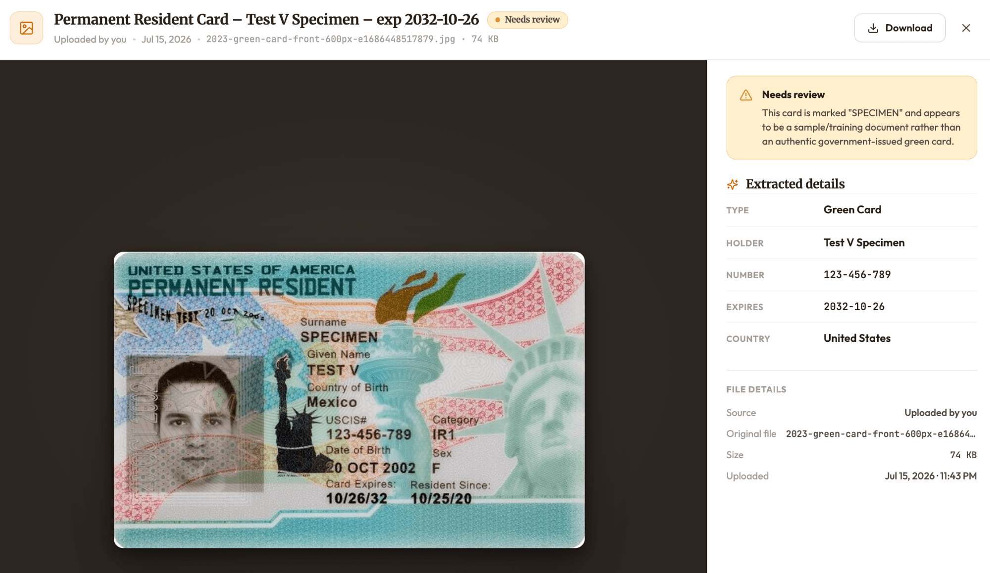 Lexfill's document viewer showing an uploaded green card. The AI has titled it 'Permanent Resident Card — Test V Specimen', marked it 'Needs review' with the note that the card is marked SPECIMEN and appears to be a sample or training document rather than an authentic green card, and extracted its type, holder, number, expiry and country.