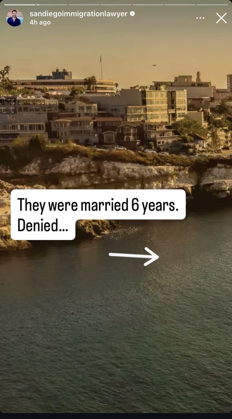 Instagram story frame over a San Diego coastline photo: 'They were married 6 years. Denied…'